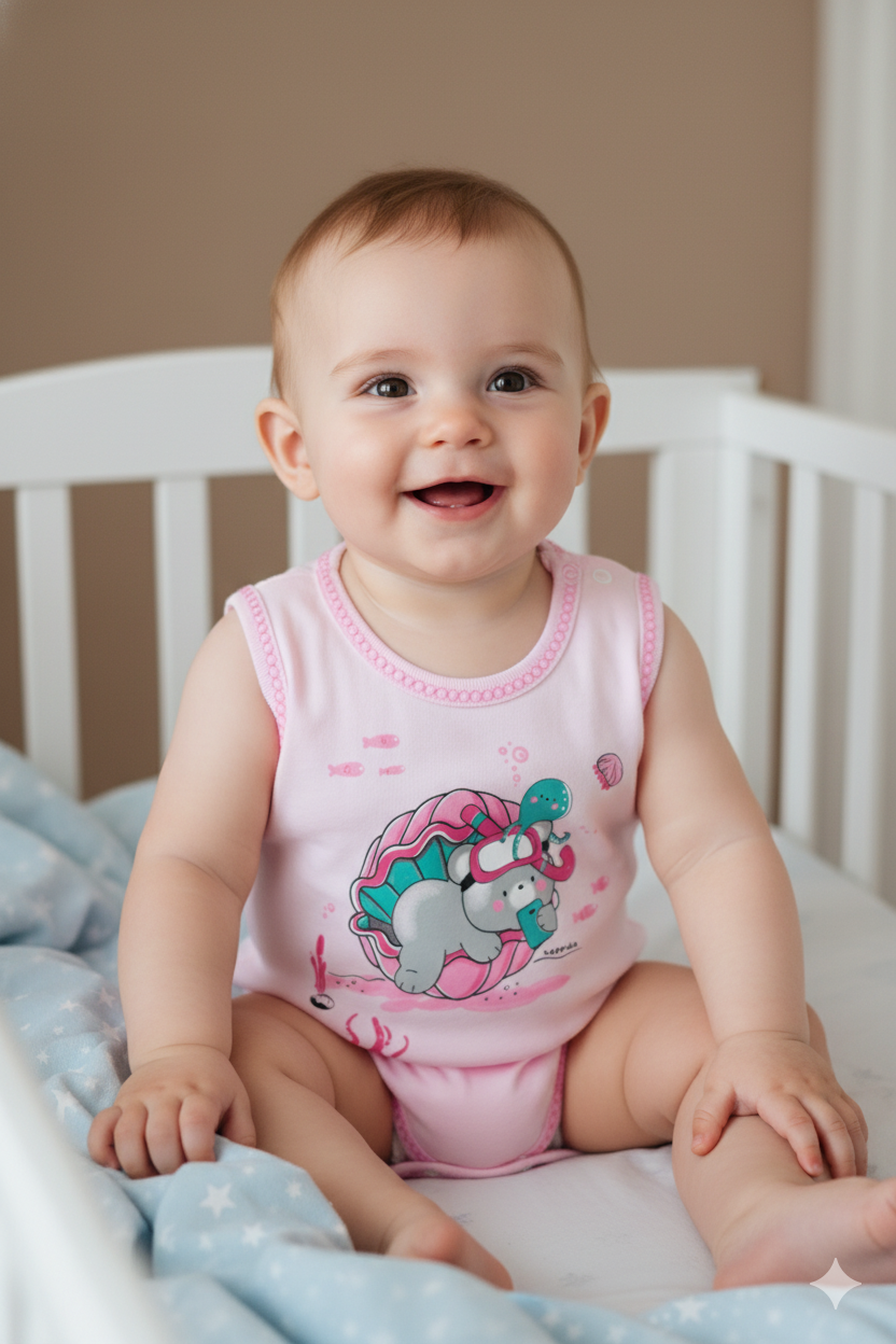 Oppland Erkek Bebek Zıbın Badi %100 Pamuk Deniz Temalı Baskılı Kolsuz Alttan Çıtçıtlı Yumuşak